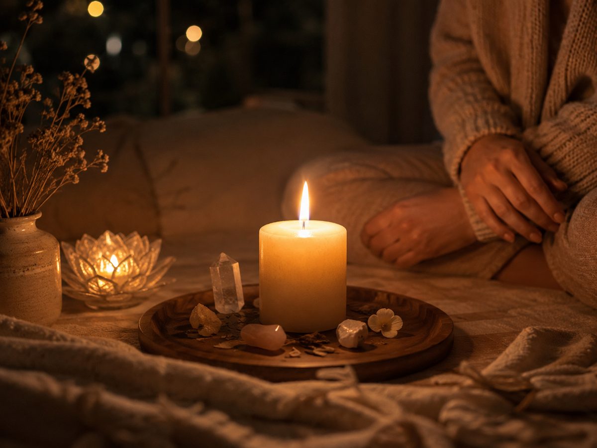 Brennende Kerze auf einem Ritualteller mit Kristallen und getrockneten Blüten
